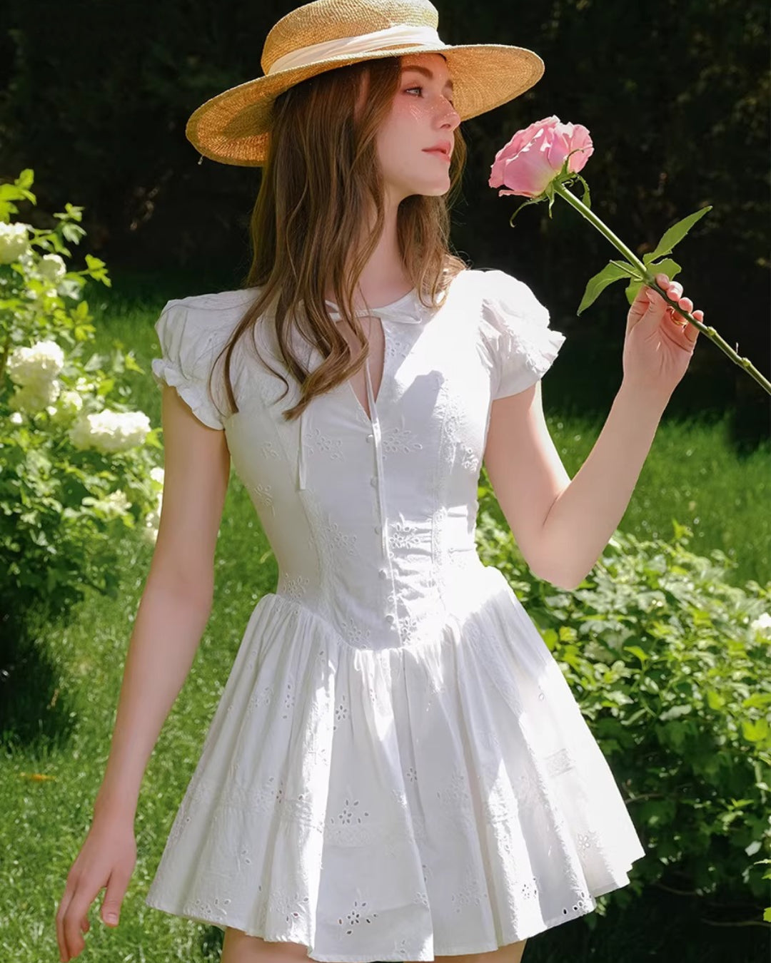 Imani Pleated Broderie Anglais Mini Dress White