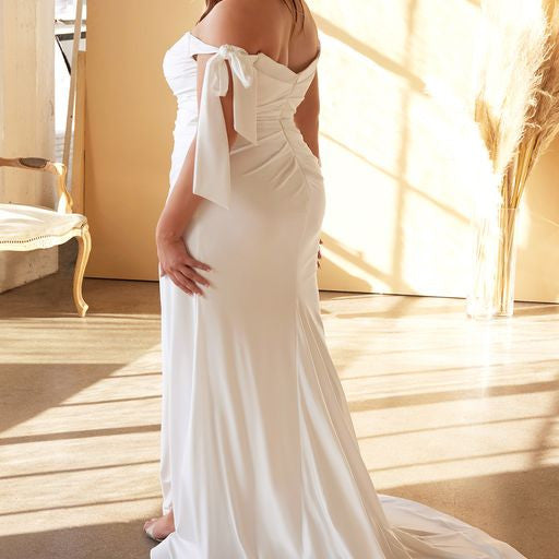 Amber Gown Off-White Off Shoulder Stretch Spandex Satin Dress With Ties