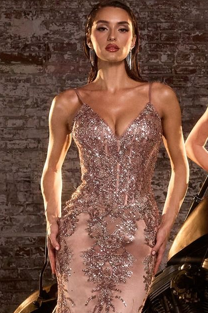 Lyra Gown Mocha Gold FITTED FLORAL GLITTER PRINT CORSET GOWN