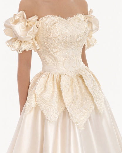 Jelena Vintage Embroidered Satin Maxi Dress Ivory