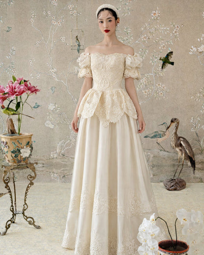 Jelena Vintage Embroidered Satin Maxi Dress Ivory