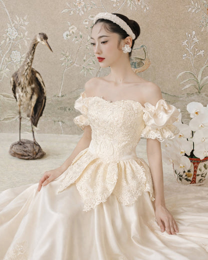 Jelena Vintage Embroidered Satin Maxi Dress Ivory