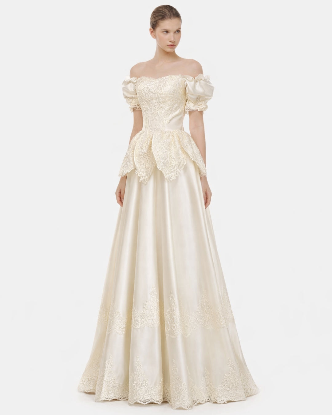Jelena Vintage Embroidered Satin Maxi Dress Ivory