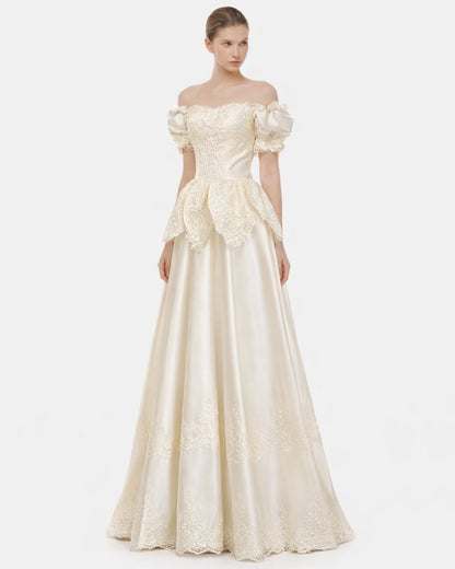 Jelena Vintage Embroidered Satin Maxi Dress Ivory