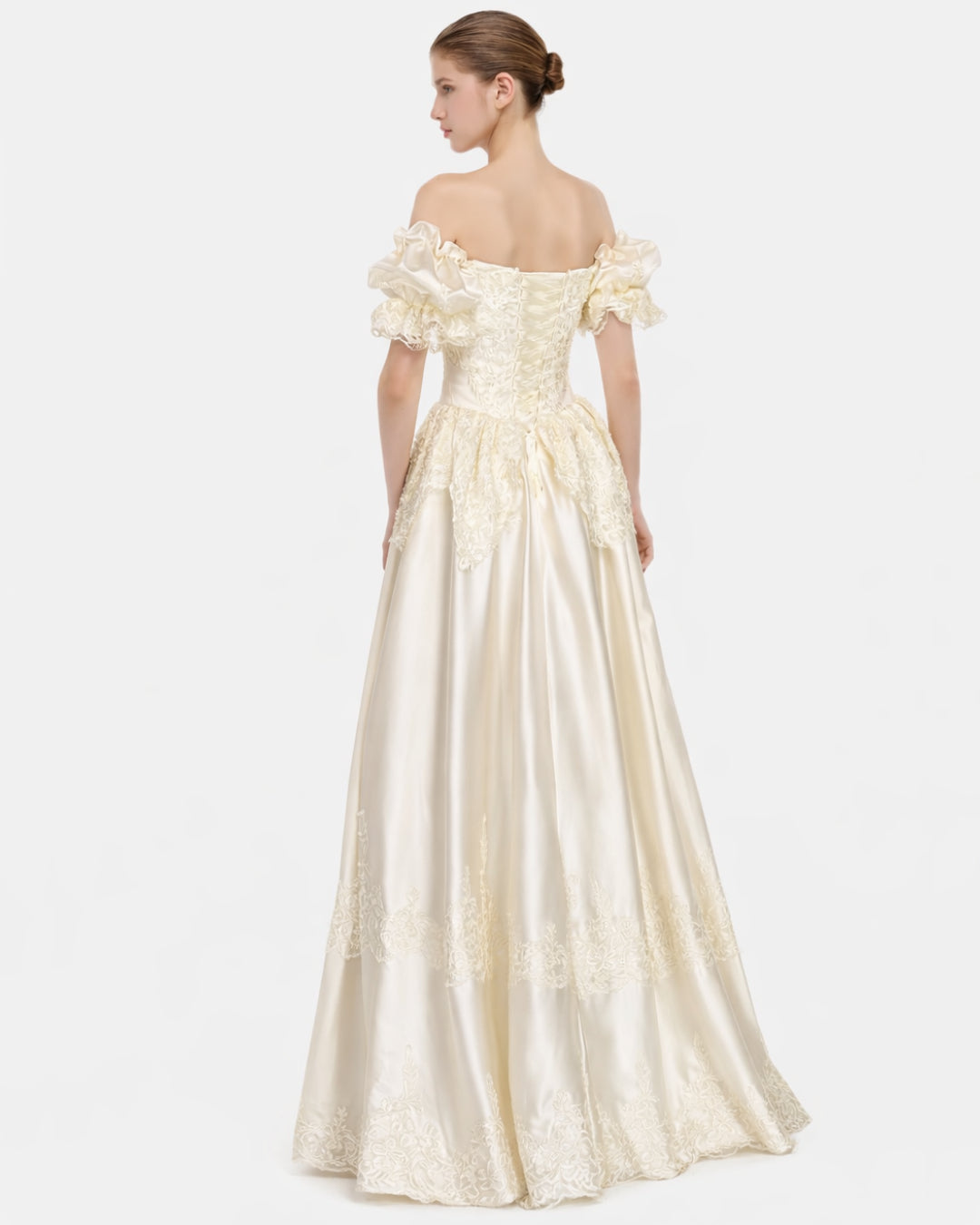 Jelena Vintage Embroidered Satin Maxi Dress Ivory