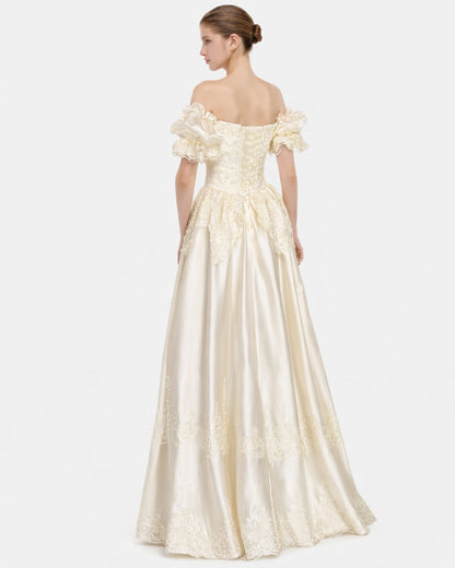 Jelena Vintage Embroidered Satin Maxi Dress Ivory