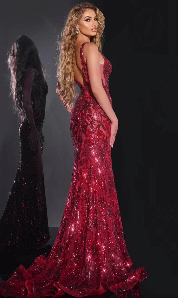 40757 Jovani Burgundy Floral Sequin Gown