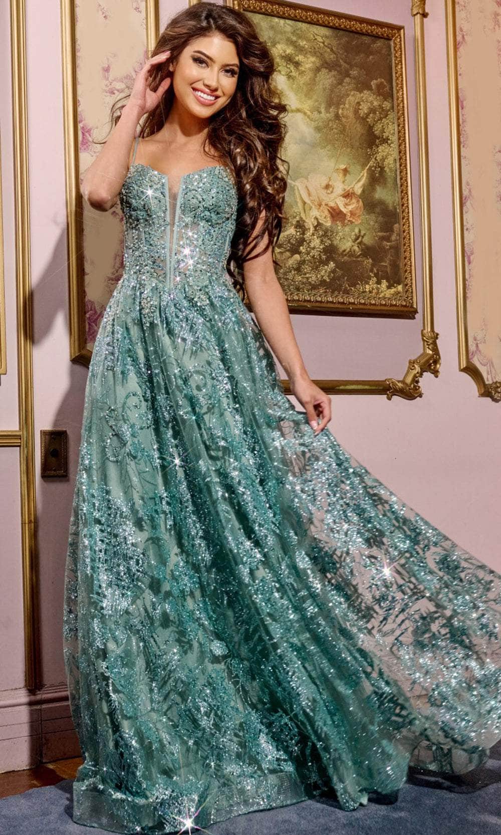 42199 Jovani Sage Lace Embroidered A- Gown
