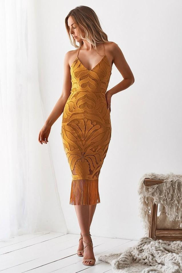 Khaleesi Dress Mustard Lace Dress With Fringe FINAL