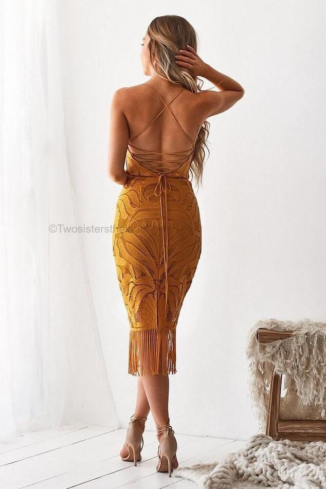 Khaleesi Dress Mustard Lace Dress With Fringe FINAL