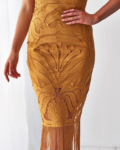 Khaleesi Dress Mustard Lace Dress With Fringe FINAL