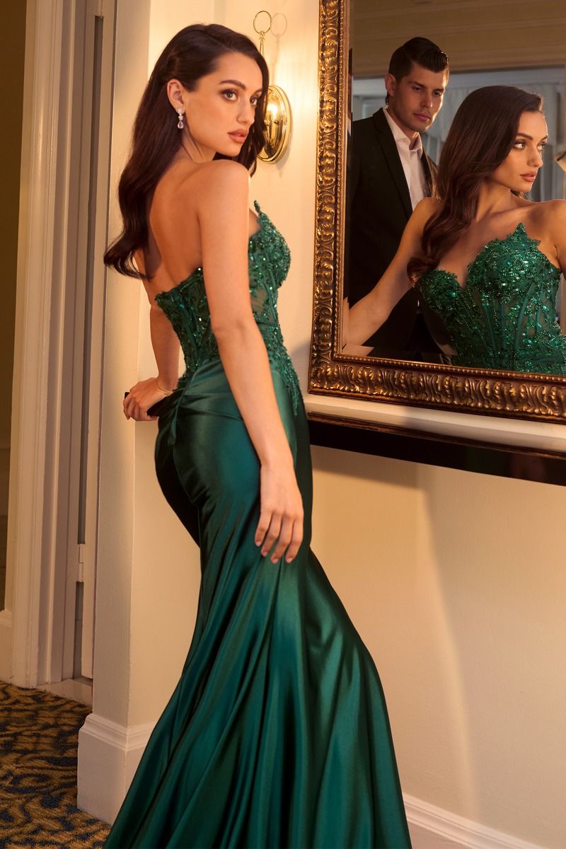 ALEXIS GOWN SATIN & LACE STRAPLESS FITTED GOWN