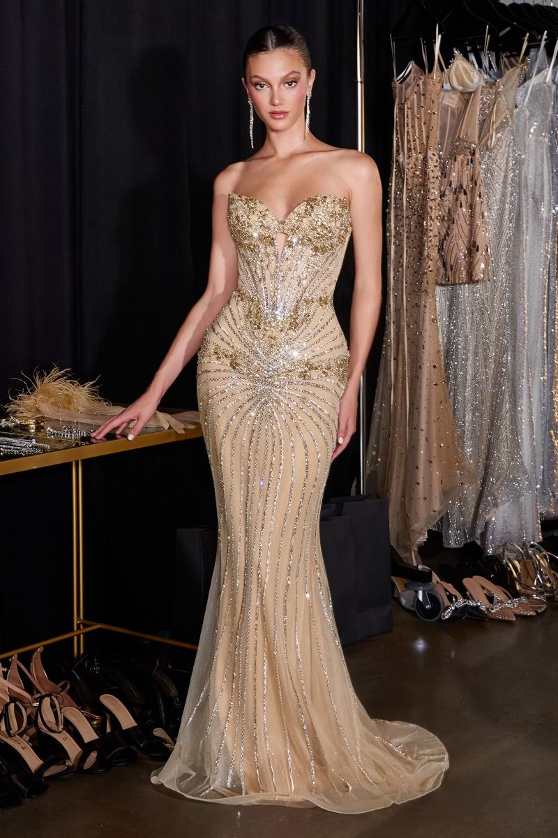 Uma Gown Strapless Beaded Mermaid Evening Dress