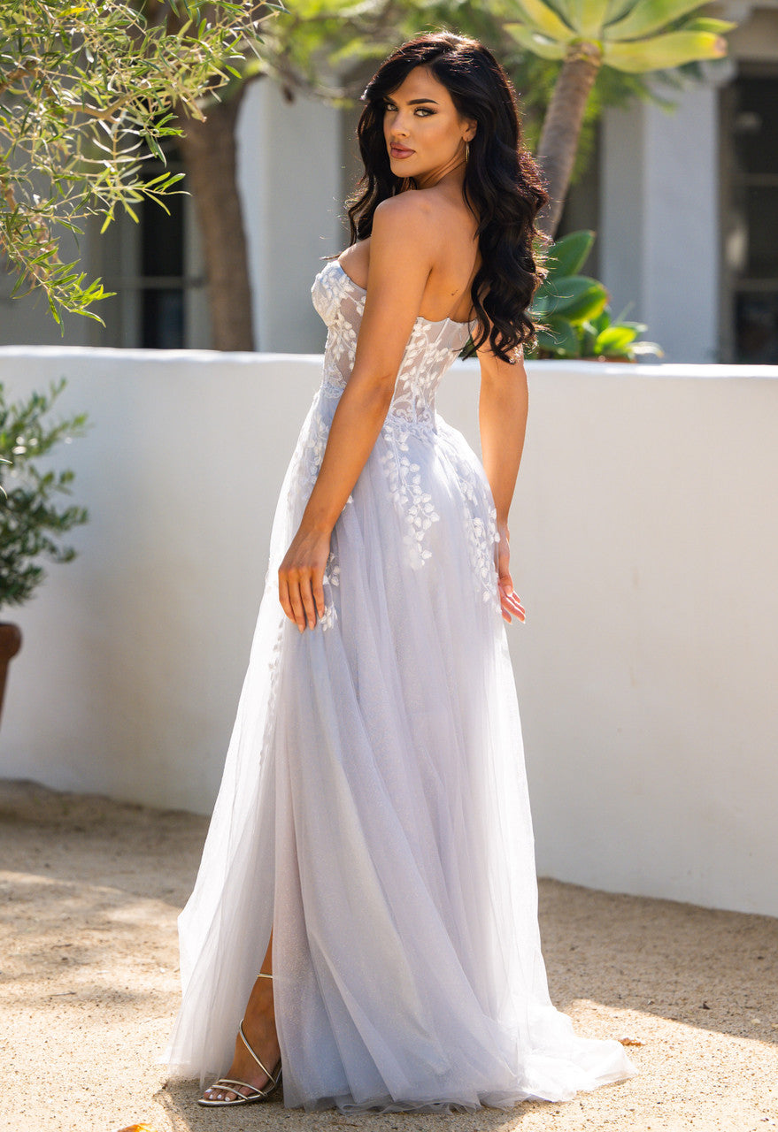 SOLAINE GOWN HAZE BLUE STRAPLESS BUSTIER CORSET A- DRESS