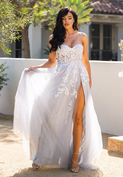 SOLAINE GOWN HAZE BLUE STRAPLESS BUSTIER CORSET A- DRESS