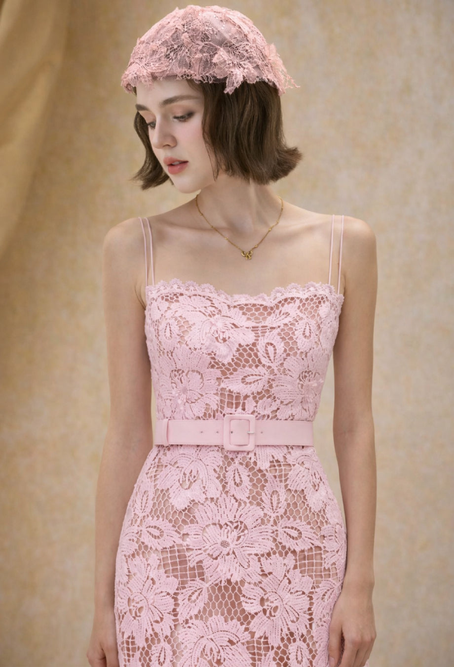Lolita Pink Crochet Lace Midi Dress