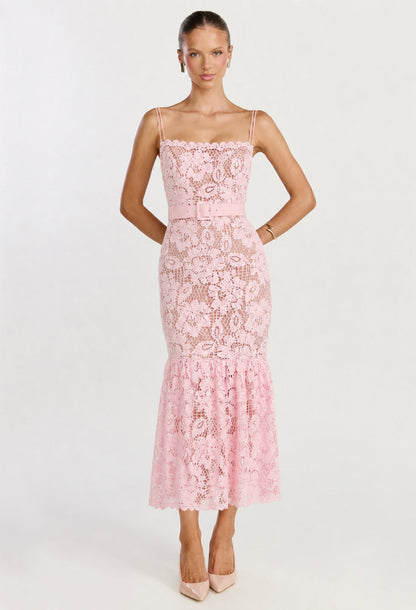 Lolita Pink Crochet Lace Midi Dress