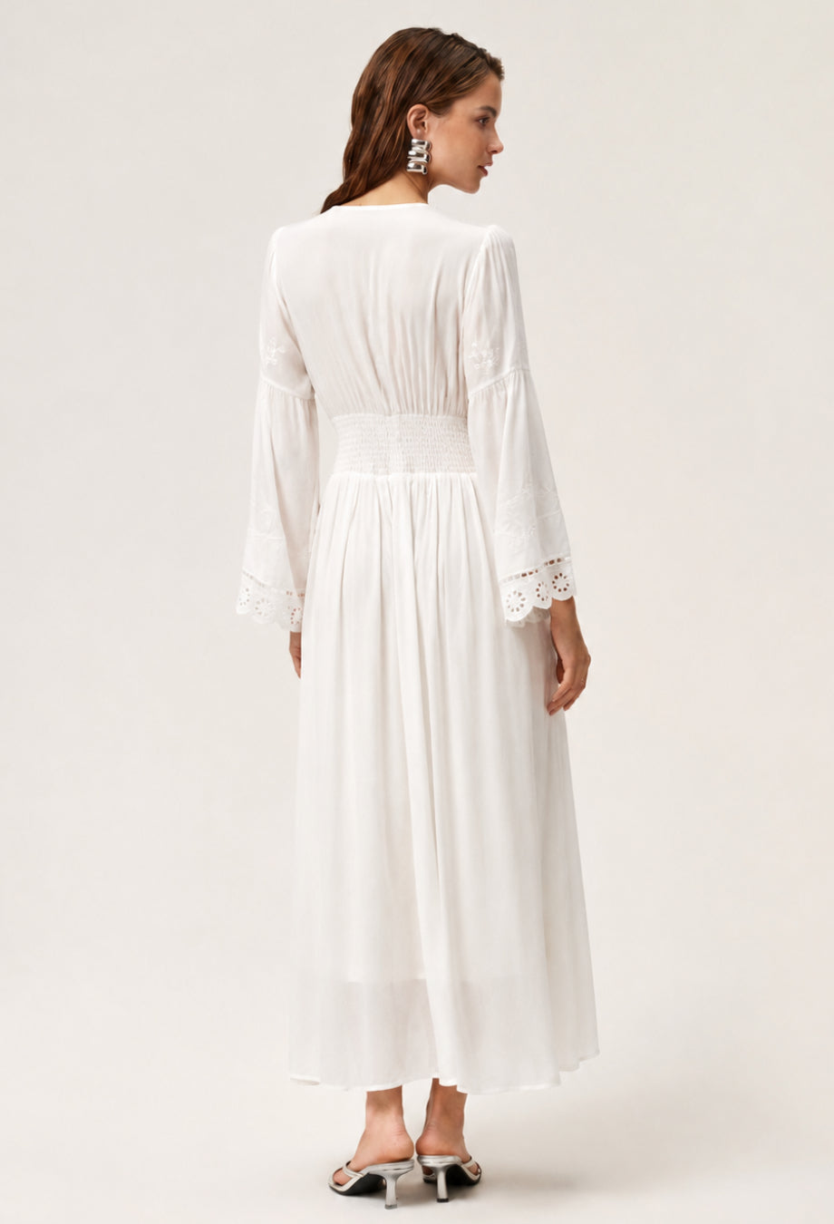Long Sleeve Floral Embroidered Midi Dress White