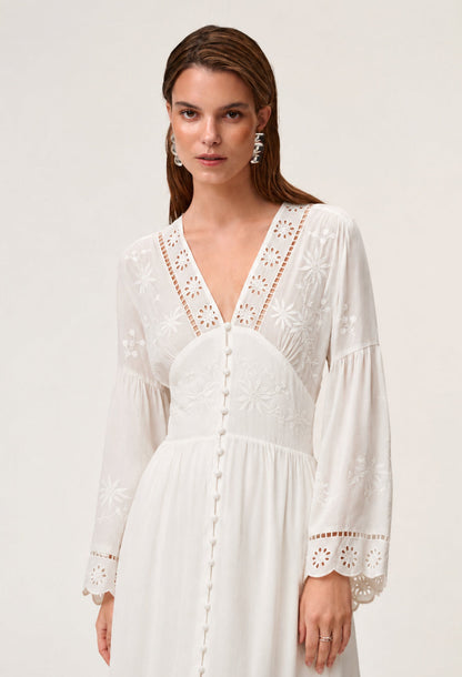 Long Sleeve Floral Embroidered Midi Dress White