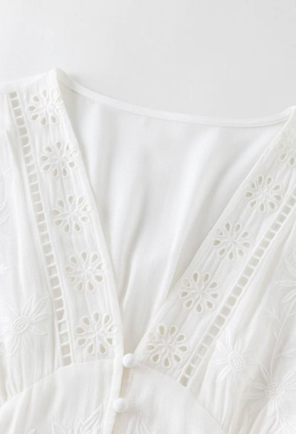 Long Sleeve Floral Embroidered Midi Dress White