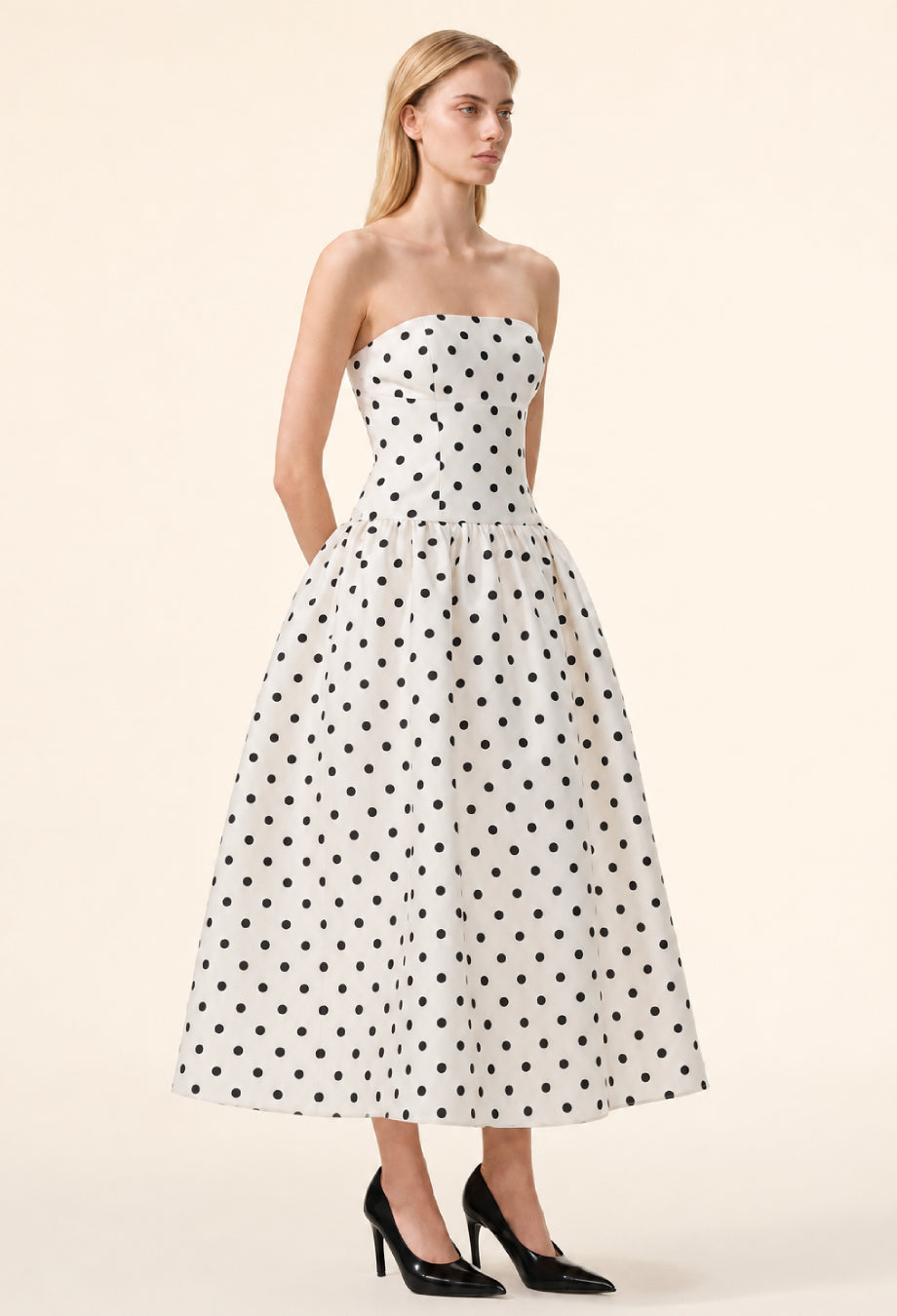 Lucia Strapless Polka Dot Midi Dress Black and White