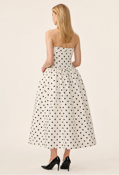 Lucia Strapless Polka Dot Midi Dress Black and White