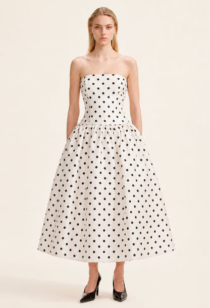 Lucia Strapless Polka Dot Midi Dress Black and White