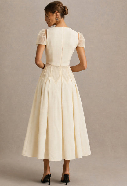 Lucienne 3D Floral Short-Sleeve Midi Dress Ivory