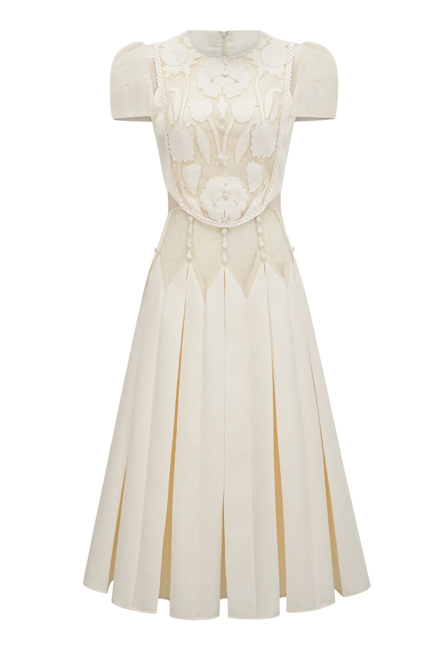 Lucienne 3D Floral Short-Sleeve Midi Dress Ivory