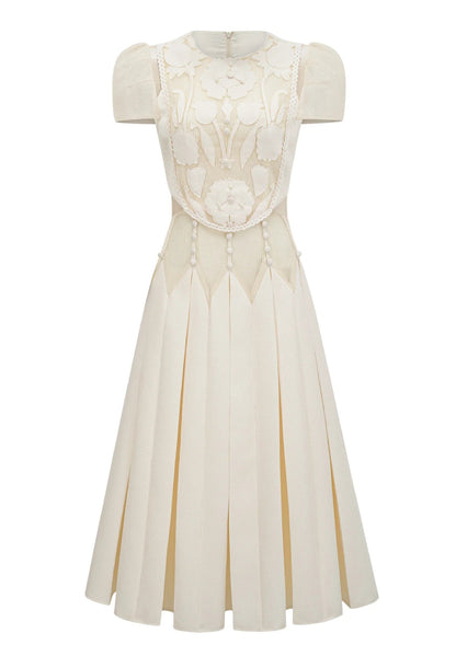 Lucienne 3D Floral Short-Sleeve Midi Dress Ivory