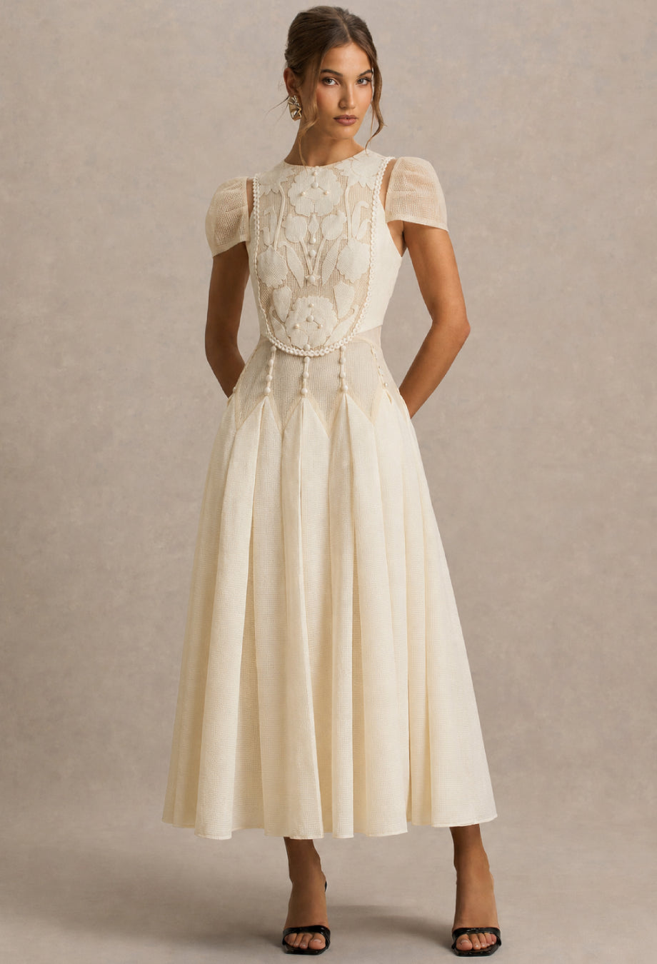 Lucienne 3D Floral Short-Sleeve Midi Dress Ivory