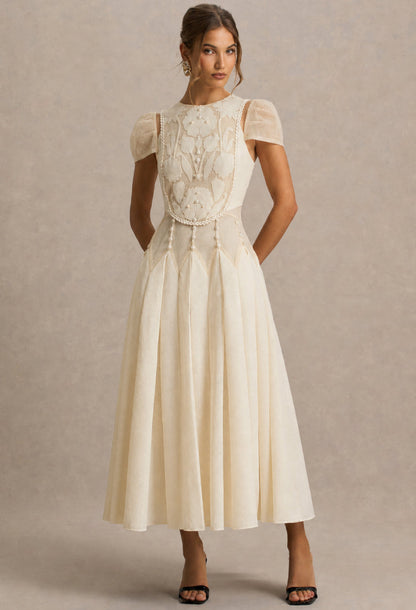 Lucienne 3D Floral Short-Sleeve Midi Dress Ivory