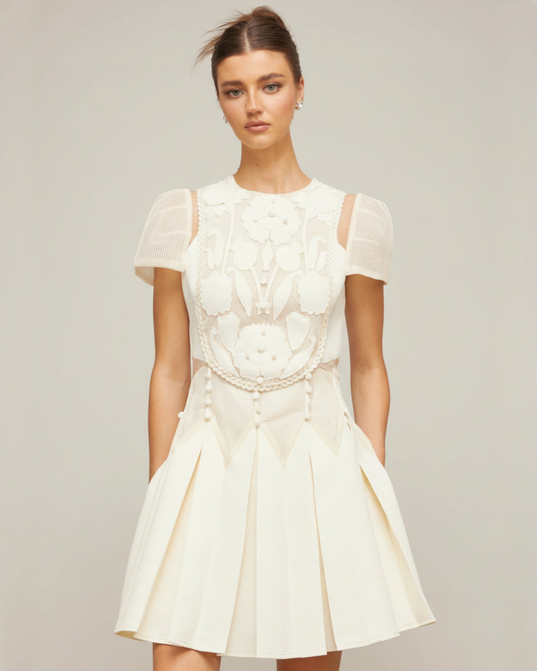 Lucienne 3D Floral Short-Sleeve Mini Dress Ivory
