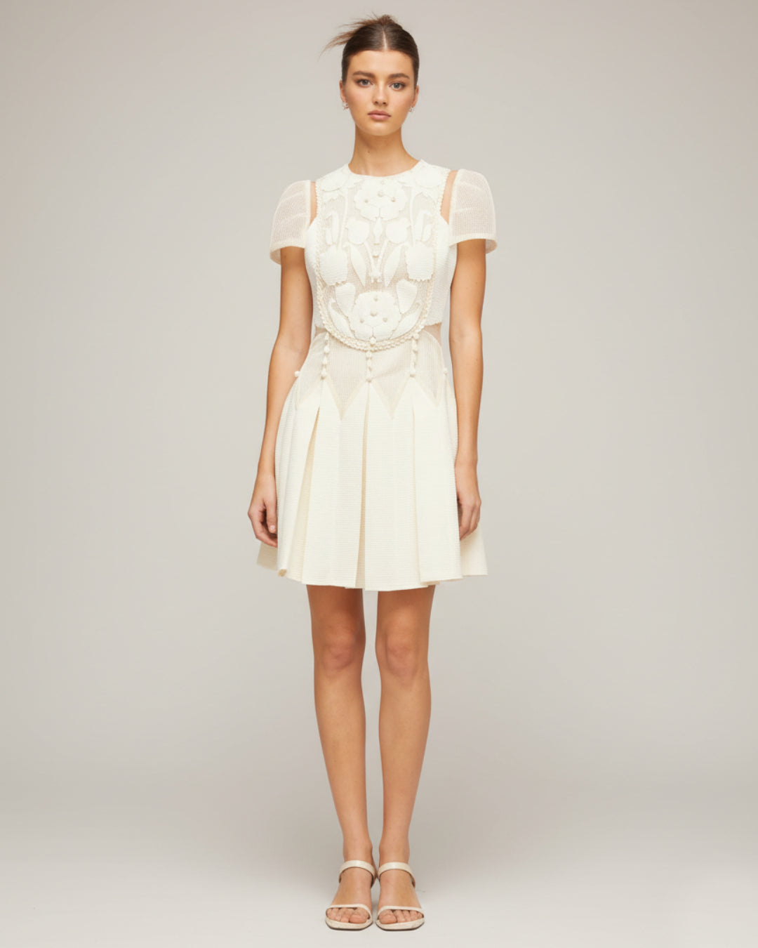 Lucienne 3D Floral Short-Sleeve Mini Dress Ivory