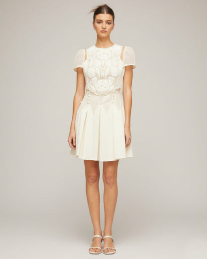 Lucienne 3D Floral Short-Sleeve Mini Dress Ivory