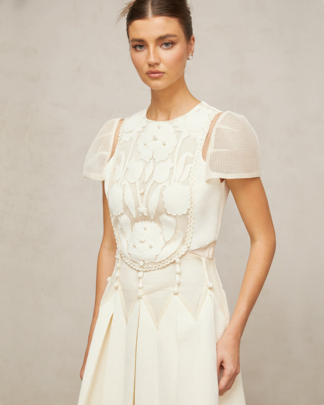 Lucienne 3D Floral Short-Sleeve Mini Dress Ivory