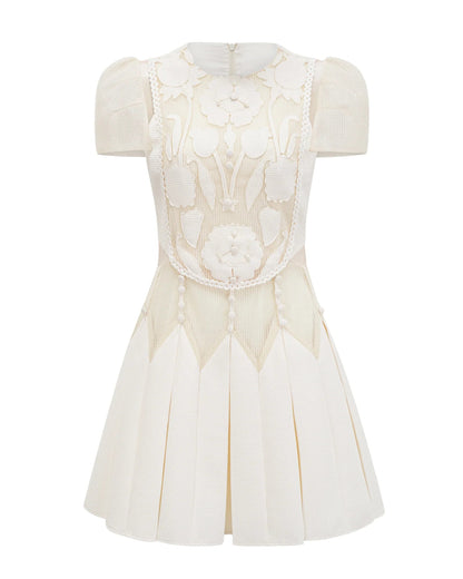 Lucienne 3D Floral Short-Sleeve Mini Dress Ivory
