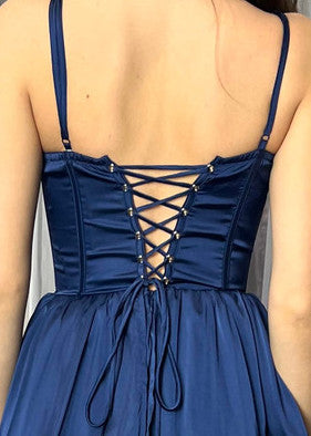 Maeve Corset Midi Dress Navy Satin