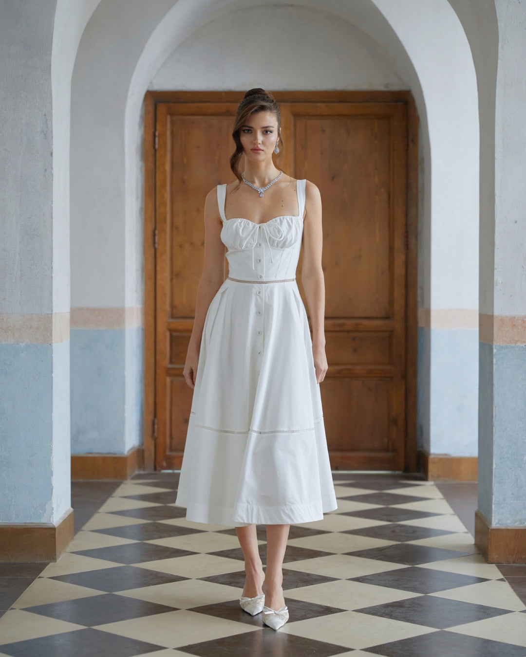 Madelyn Button Front Midi Dress White