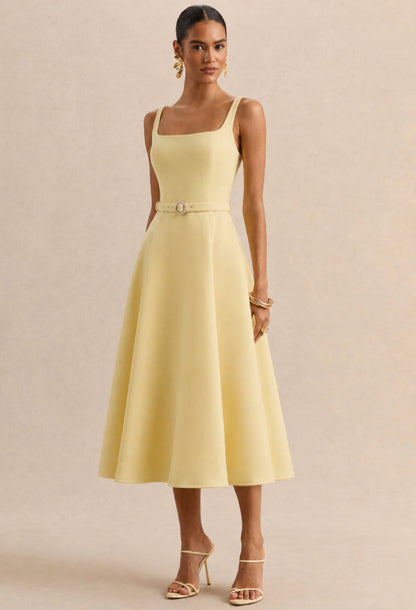 Mademoiselle Square Neck Midi Dress Butter Yellow