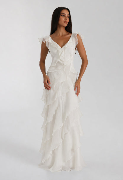 Malila Layered Ruffle Maxi Dress White