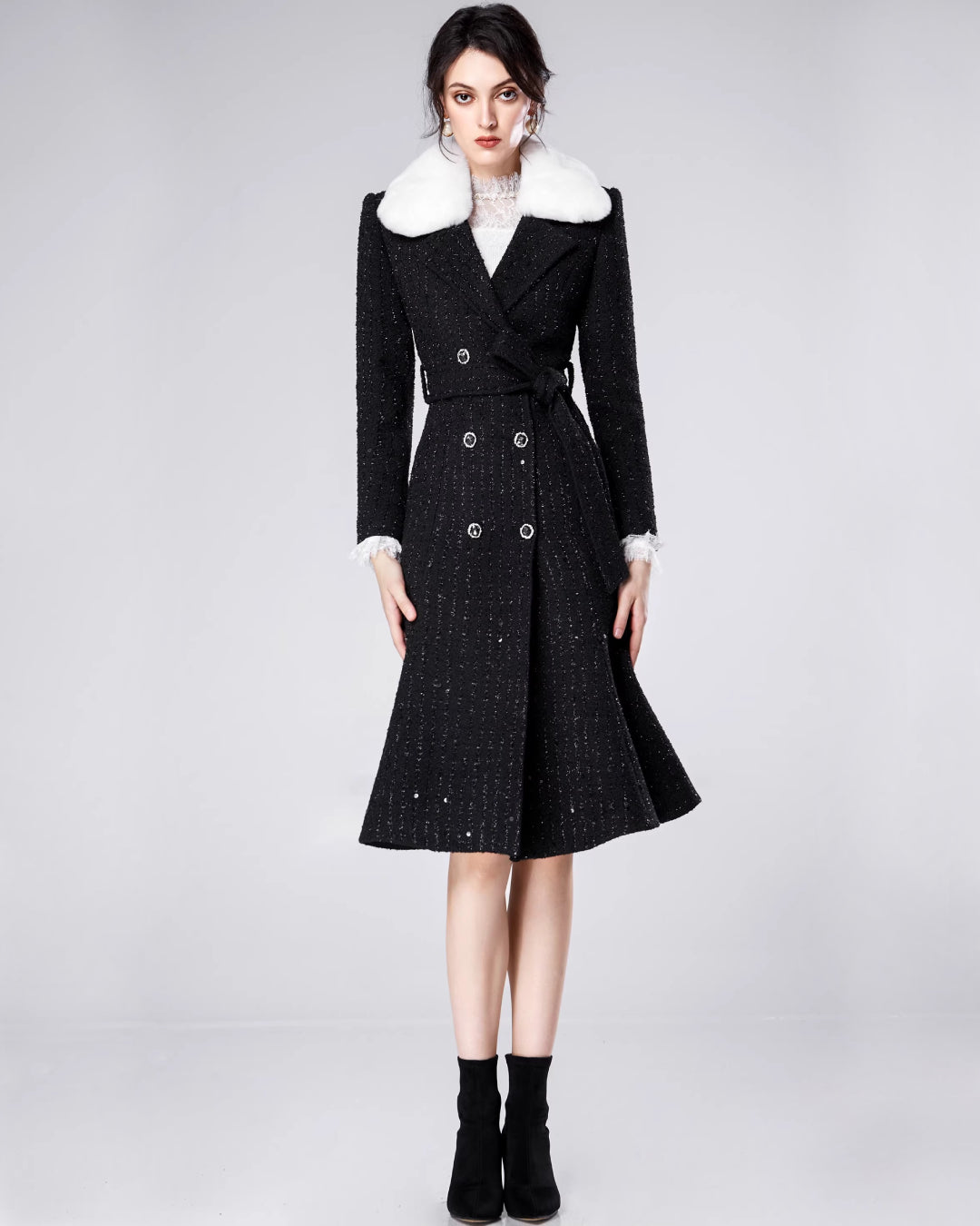 Marcel Faux Fur Trimmed Tweed Midi Coat Dress Black