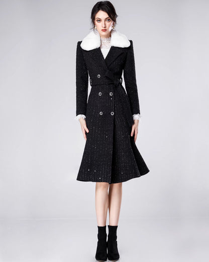 Marcel Faux Fur Trimmed Tweed Midi Coat Dress Black