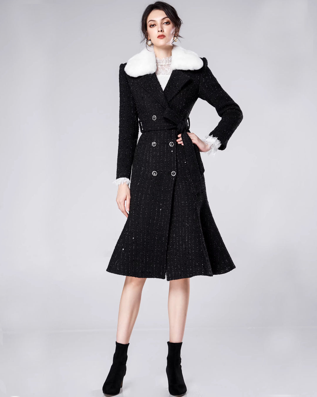 Marcel Faux Fur Trimmed Tweed Midi Coat Dress Black