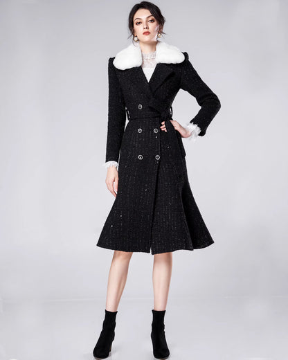 Marcel Faux Fur Trimmed Tweed Midi Coat Dress Black