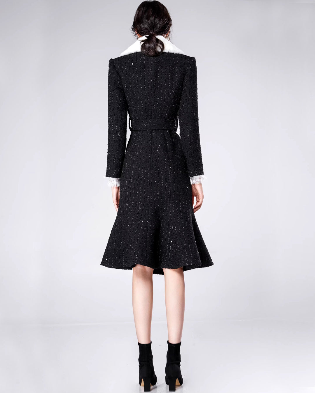 Marcel Faux Fur Trimmed Tweed Midi Coat Dress Black