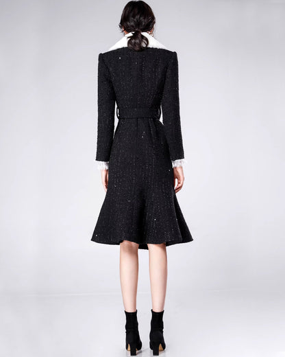 Marcel Faux Fur Trimmed Tweed Midi Coat Dress Black