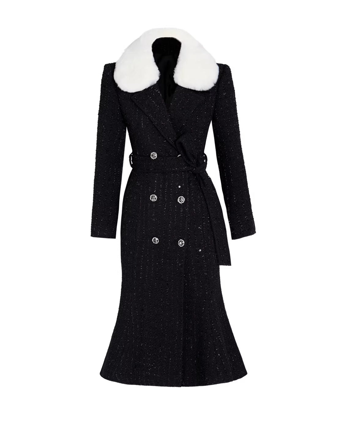 Marcel Faux Fur Trimmed Tweed Midi Coat Dress Black