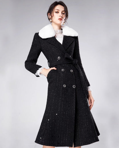 Marcel Faux Fur Trimmed Tweed Midi Coat Dress Black