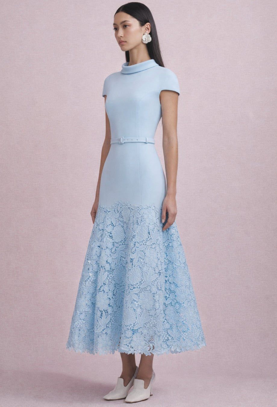 Mariella Crepe Lace Midi Dress Baby Blue